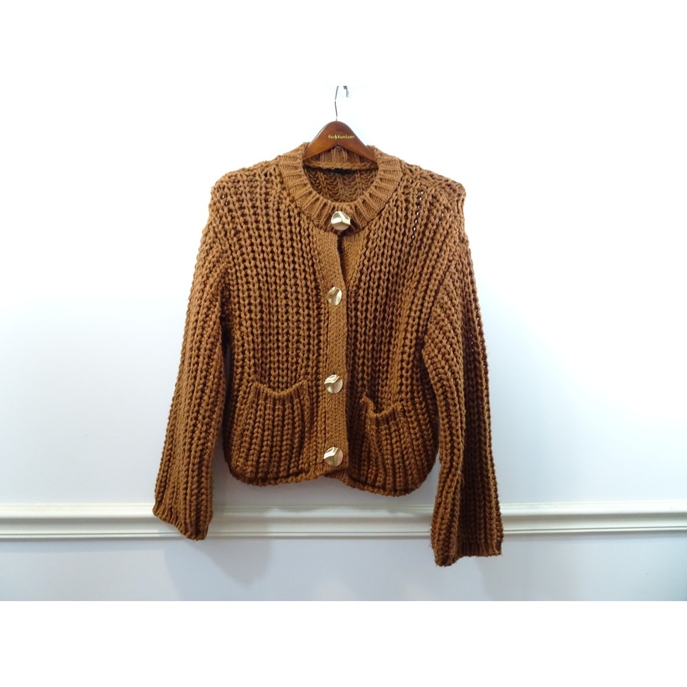 Zara Chunky Knit Cardigan Brown Gold Button Front Pocket Sweater Large Crop Boxy